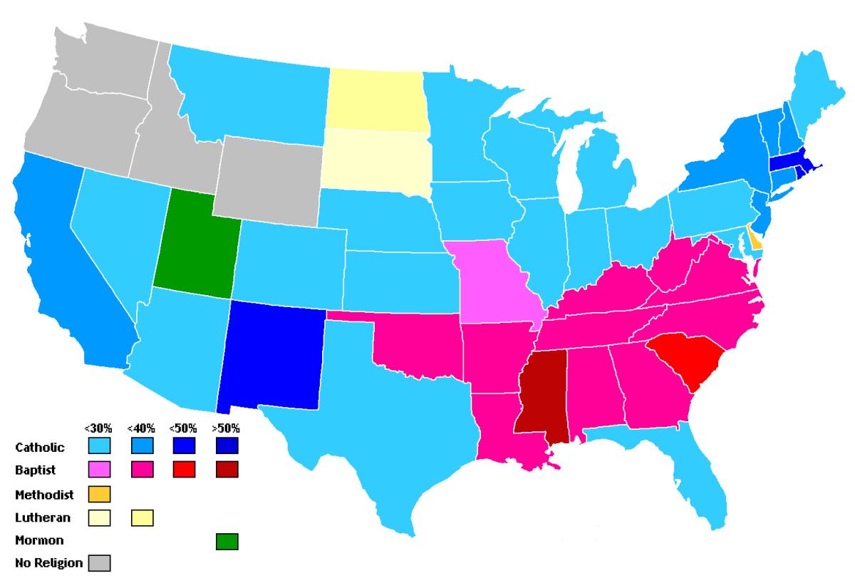 Карта преобладающих религий в США